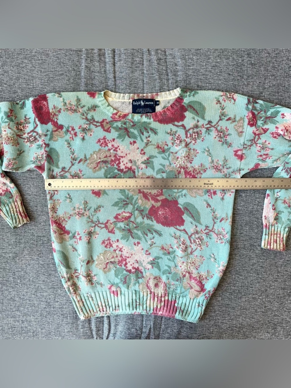 Vintage Ralph Lauren Teal Floral Sweater Size M Ramie Cotton Blend Blue Label - Picture 8 of 12
